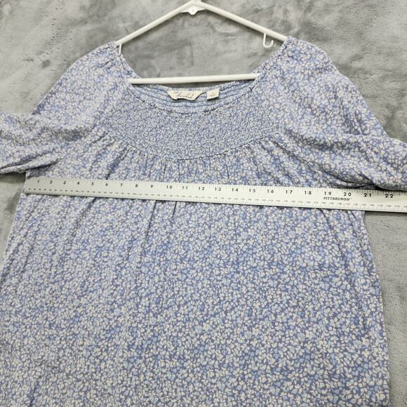 Caffe Marrakesh Top Womens L Blue Floral Shirred Ruffled Short Sleeve Rayon - Picture 8 of 10